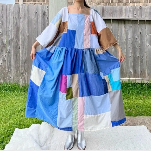 Handmade Quilted Patchwork Colorblock Dress SKU 06046 Blue Mixed - Picture 4 of 10
